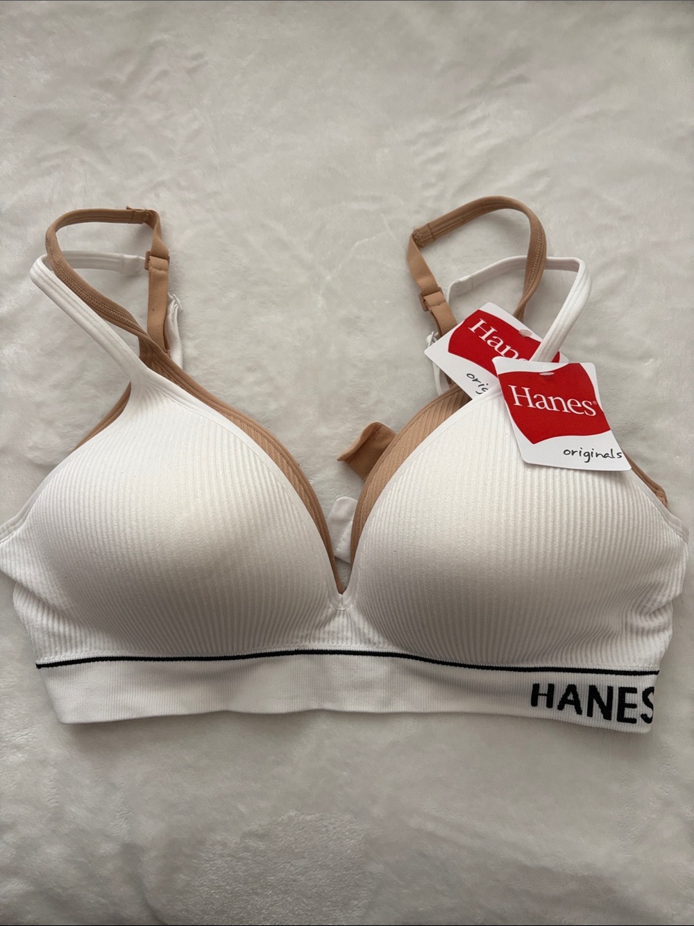 Hanes White Bralette with Tan Trim and Logo Band